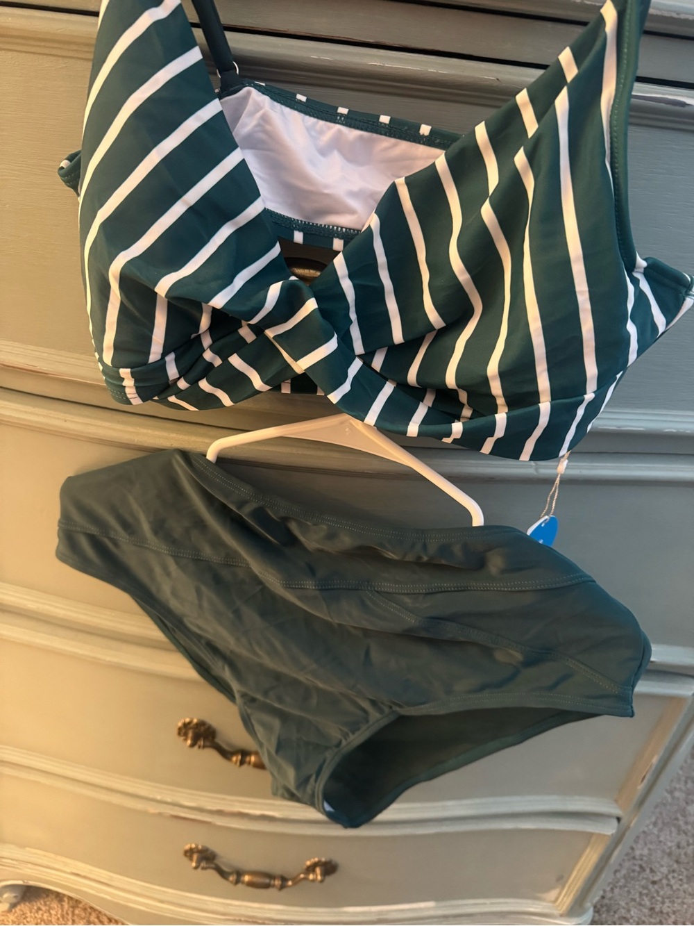 Cupshe Dark Green and White Striped Bikini Set